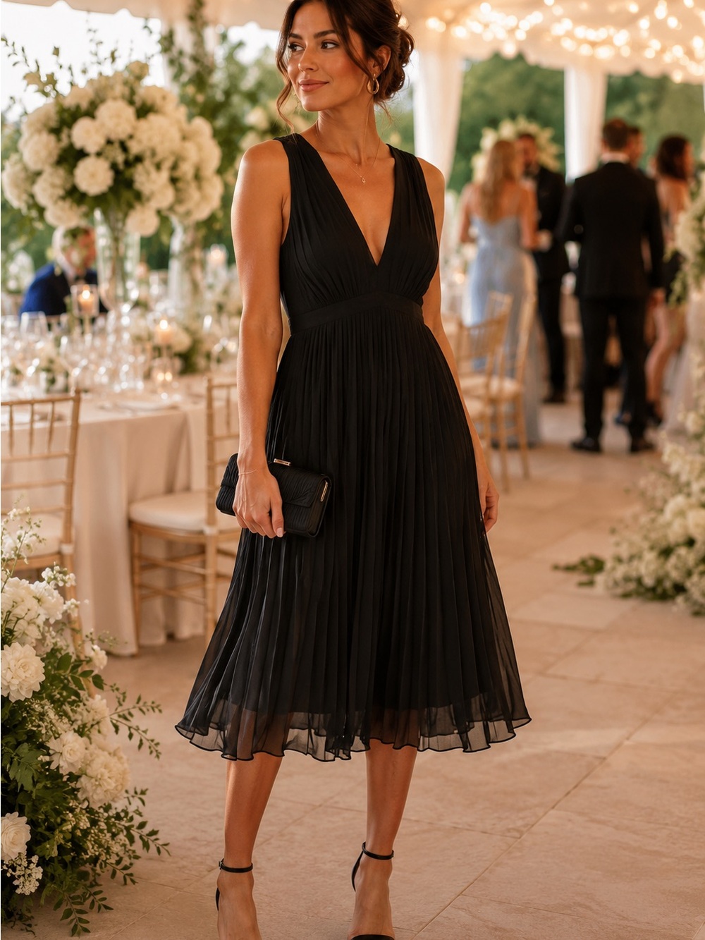 H&M Black Pleated Chiffon Sleeveless Dress – Size 10 Elegant V-Neck Midi